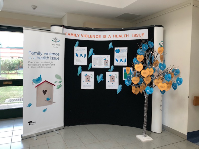 A 'Tree of Hope’ at the Royal Women's Hospital with leaves containing key messages about family violence.