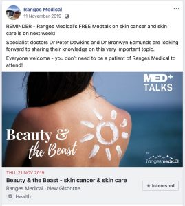 A Facebook post advertising a Med+ talk at Ranges Medical called 'Beauty and the Beast: Skin cancer and skin care".