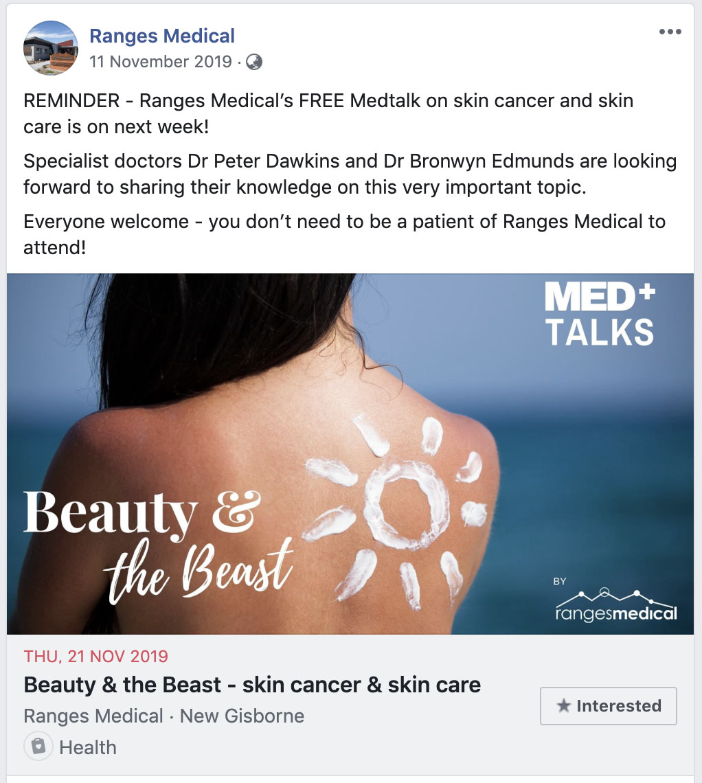 A Facebook post advertising a Med+ talk at Ranges Medical called 'Beauty and the Beast: Skin cancer and skin care".