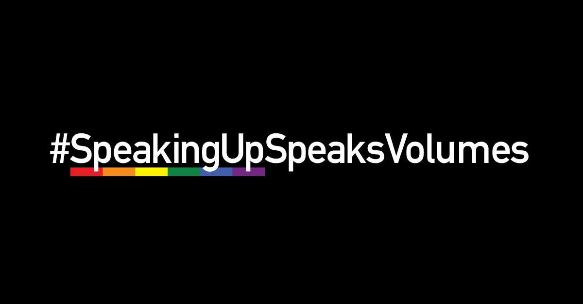 White text with rainbow motif on black background: #SpeakingUpSpeaksVolumes