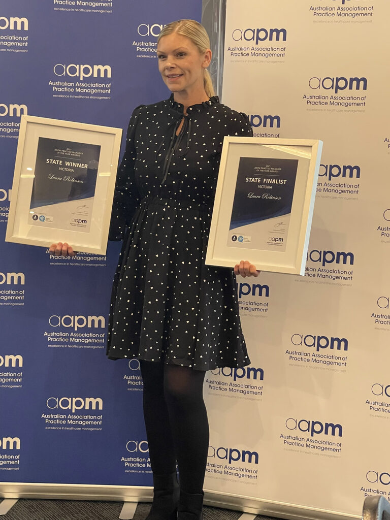 Victorian Practice Manager of the Year 2021 pictured with her awards.