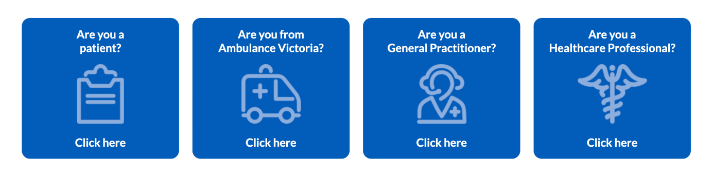 Tiles showing the different options for accessing the Victorian Virtual Emergency Department website.