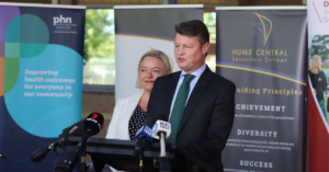 Victorian Minister for Education Ben Carroll (right) with Member for Broadmeadows Kathleen Matthews-Ward at Hume Central Secondary College, October 2023