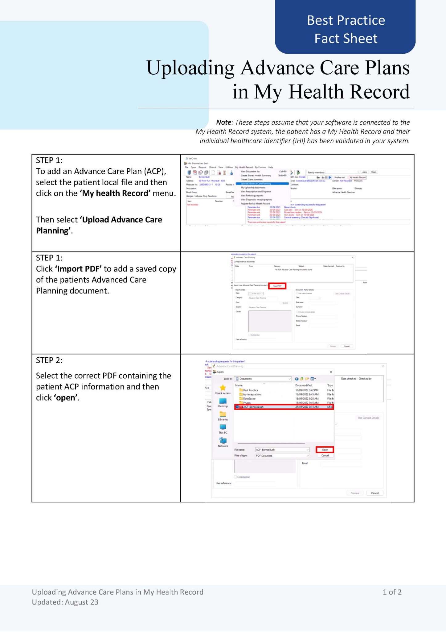 Uploading Advance Care Plans in My Health Record (Best Practice fact