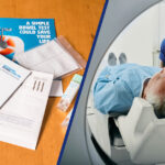 A split screen showing at-home bowel cancer screening on the left and lung cancer scan by a health professional on the right