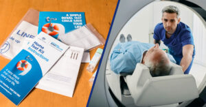 A split screen showing at-home bowel cancer screening on the left and lung cancer scan by a health professional on the right