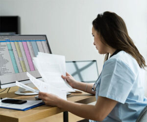 A clinician extracts data from a computer in-practice