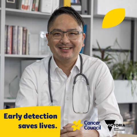 A clinician smiles in a graphic captioned 'early detection saves lives'