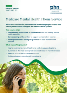 North Western Melbourne Primary Health Network's Medicare Mental Health phone service flyer