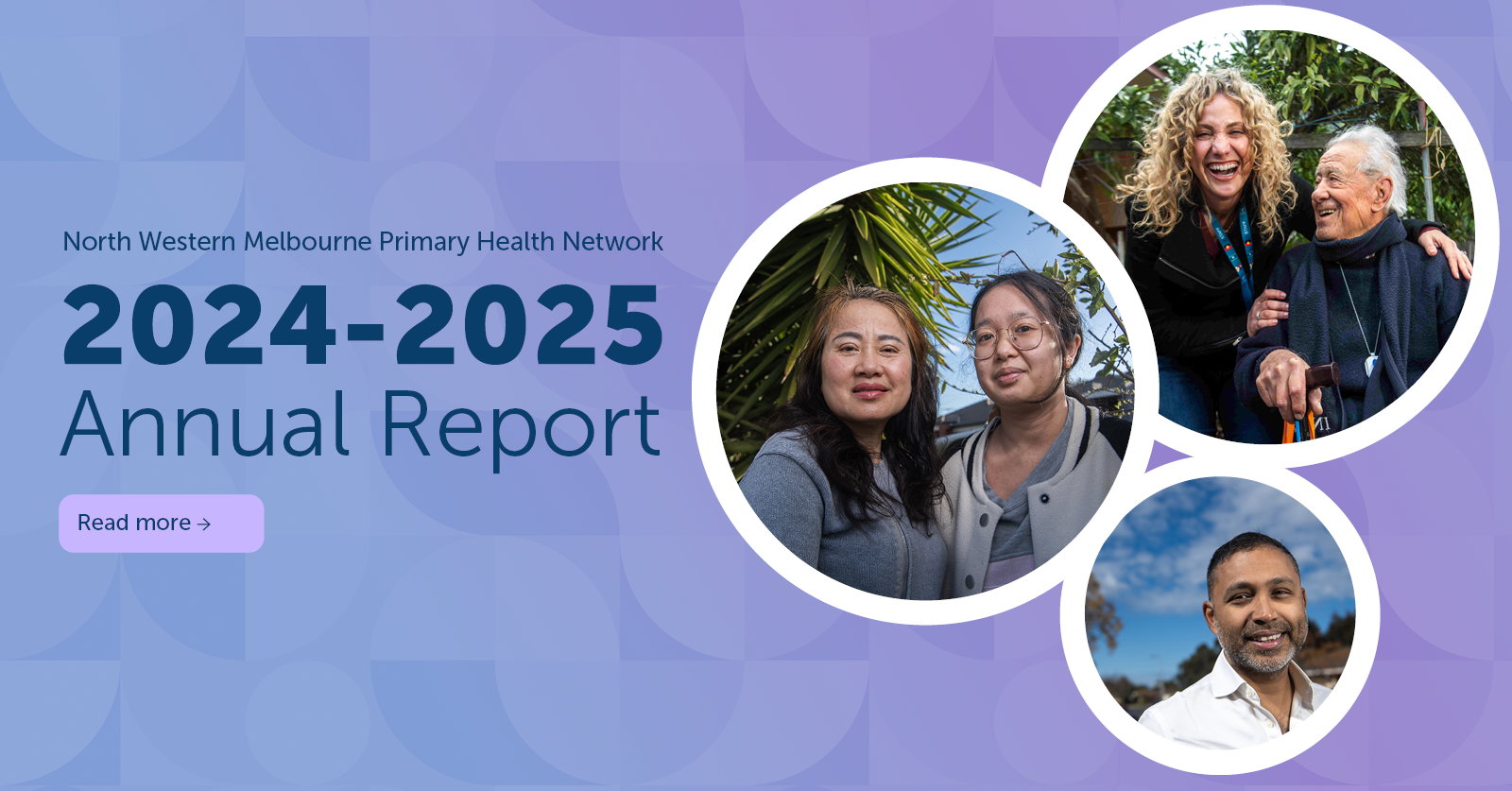 A banner promoting North Western Melbourne Primary Health Network's 2024-25 Annual report, with images of primary health care providers and patients in the region