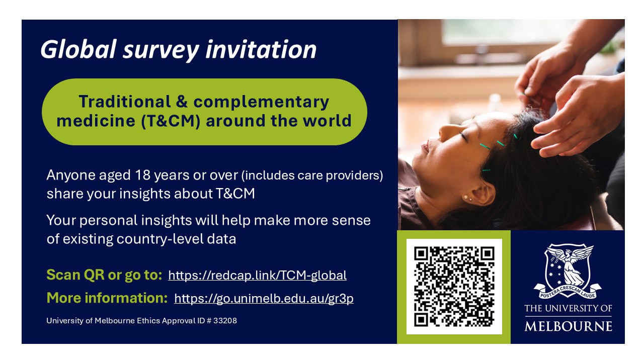 A flyer promoting a Unitversity of Melbourne survey on traditional and complementary medicine