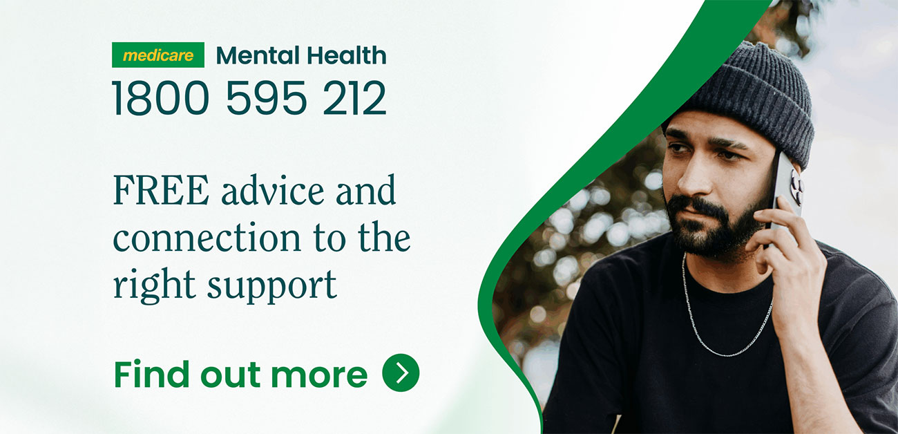 A graphic promoting Medicare Mental Health services featuring a man speaking on his mobile phone