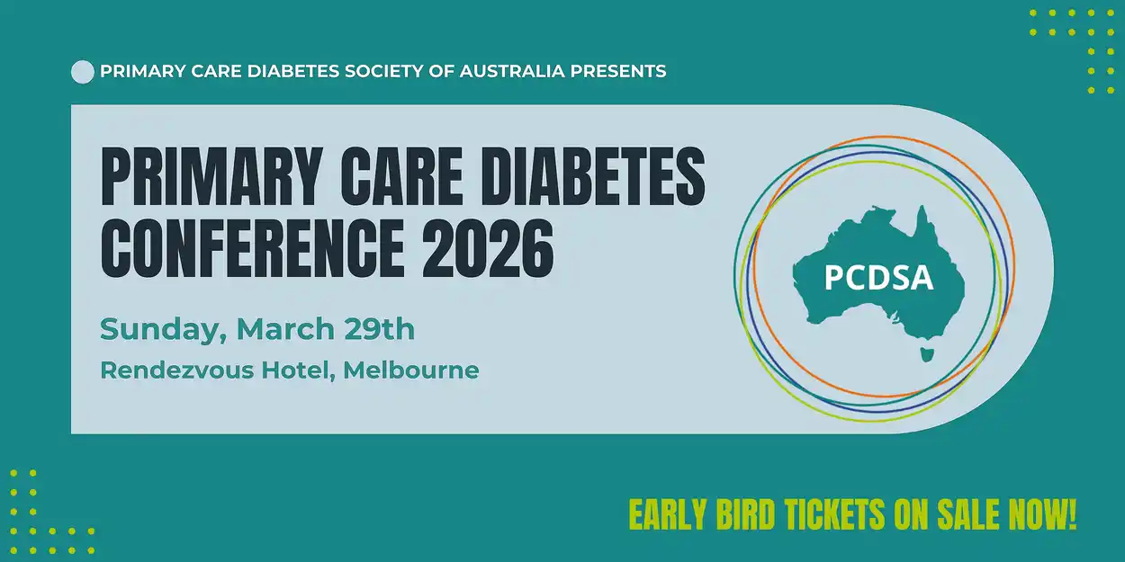 A banner promoting the Primary Care Diabetes Society of Australia 2026 conference