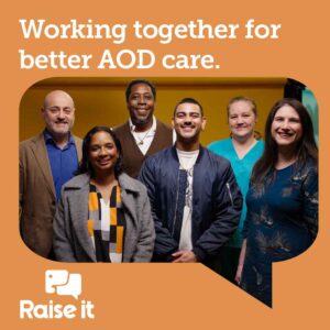 A social media tile promoting the Raise It AOD stigma campaign