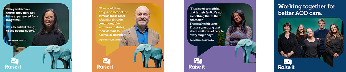 Examples of social media tiles from the Raise it AOD stigma campaign