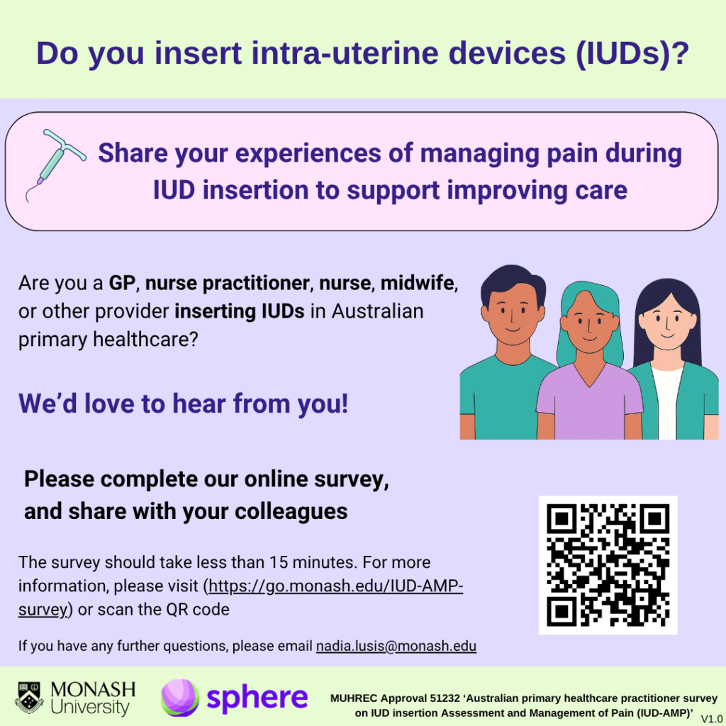 A flyer promoting the Australian primary healthcare practitioner survey on IUD insertion Assessment and Management of Pain