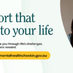A banner featuring text promoting the Medicare Mental Health Check In service and an image of a woman on her phone