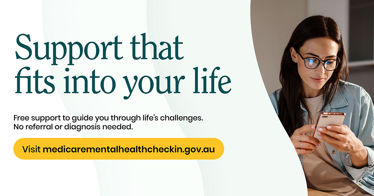 A banner featuring text promoting the Medicare Mental Health Check In service and an image of a woman on her phone