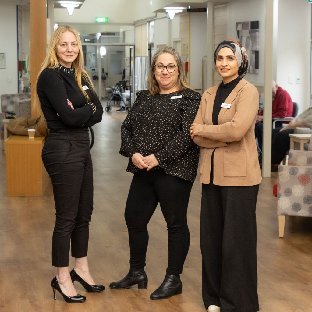The Ian Brand centre team (left to right): Lumnise Gashi (Director of Nursing), Kerryn Busuttil (Nursing Unit Manager) and Ayesha Masood (Infection Prevention and Control Lead).