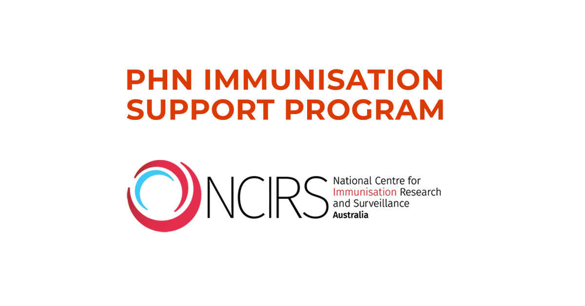 Logos for the PHN Immunistion Support Program and the National Centre for Immunisation Research and Surveillance