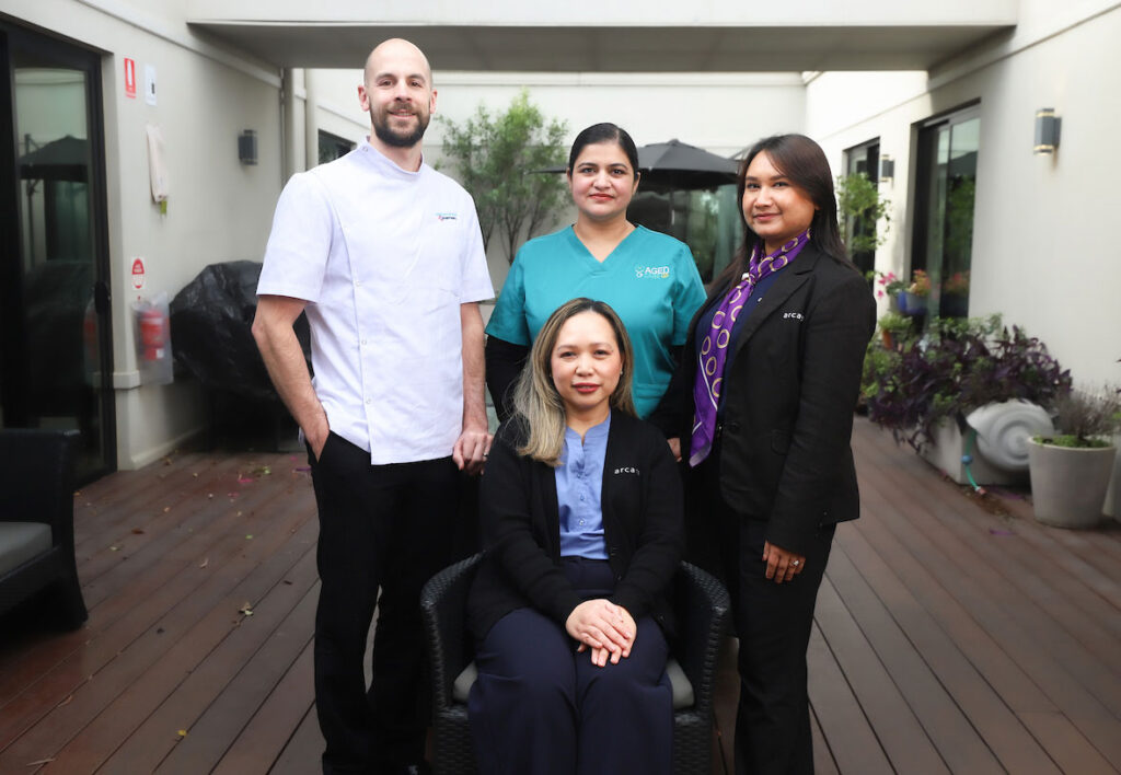 The team at Arcare: (back) Pharmacist David Cannalonga, nurse-immuniser Manpreet Kaur, residence manager Garima Adhikari; (front) Nurse Unit Manager and Infection Prevention and Control Lead Aname Borres