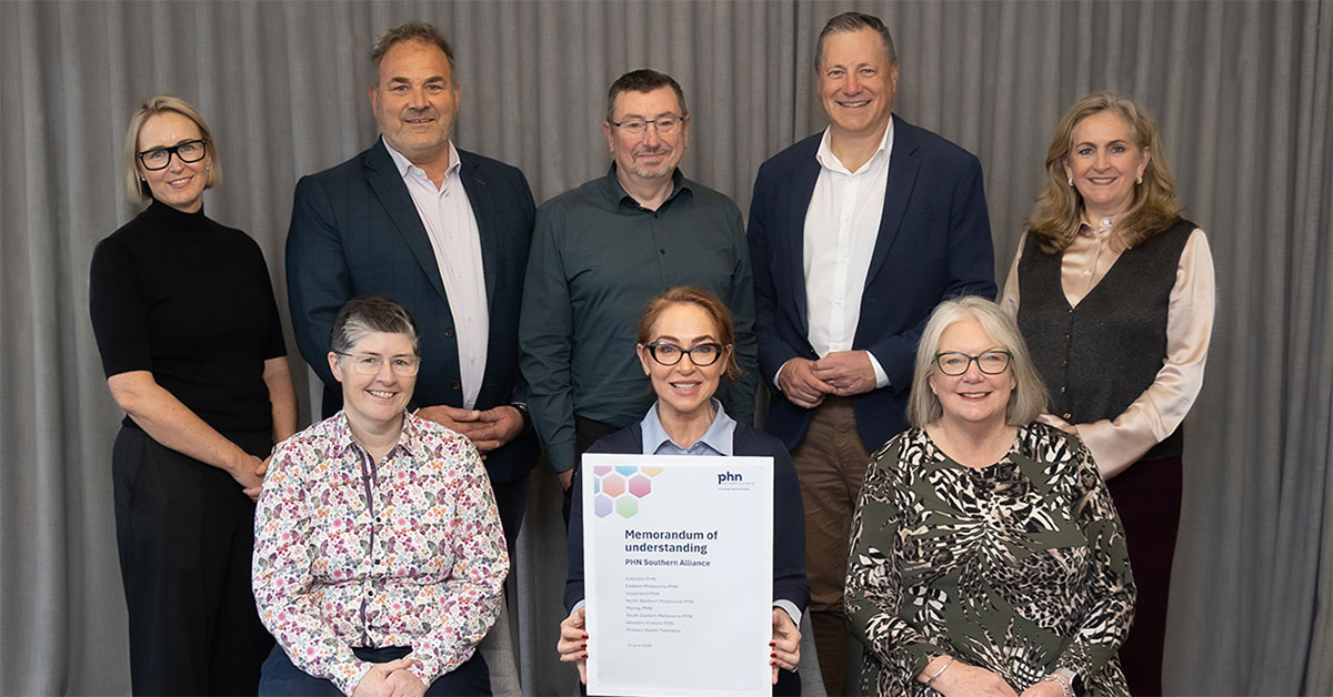 In June 2026 PHN Southern Alliance member CEOs gathered to celebrate the 10th year of the Alliance and a new Memorandum of Understanding. Top row: Kate McIntosh - PHN Southern Alliance Acting General Manager, CEOs Matt Jones, Christopher Carter, Craig Wilding, Janine Wilson. Front: Lucy Flaherty, Amanda Propsch, Prof. Michelle McKay.
